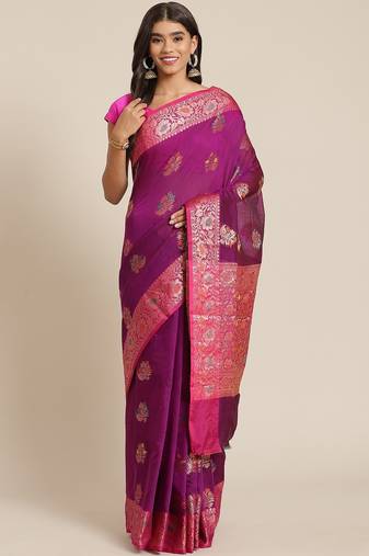 Banarasi silk blend cotton saree in purple colour with meenakari work