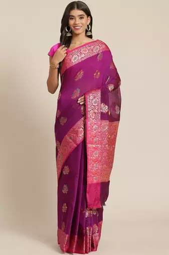 Banarasi silk blend cotton saree in purple colour with meenakari work