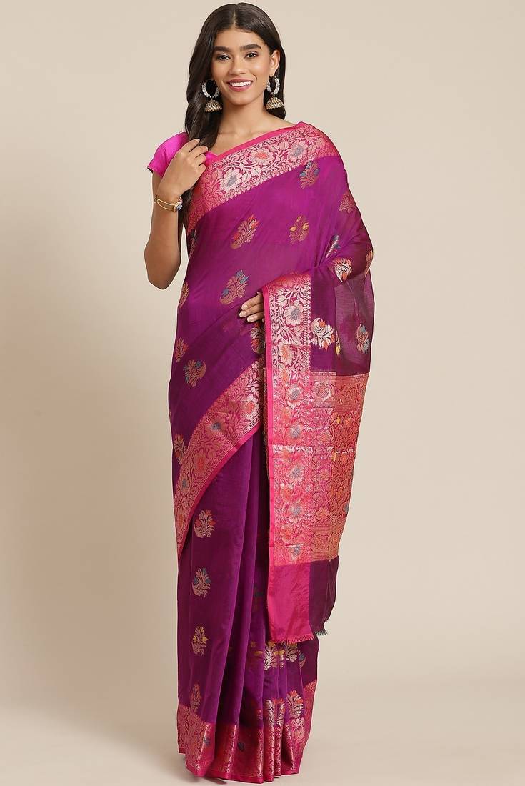 Banarasi silk blend cotton saree in purple colour with meenakari work