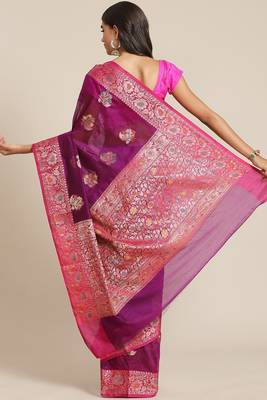 Banarasi silk blend cotton saree in purple colour with meenakari work 2