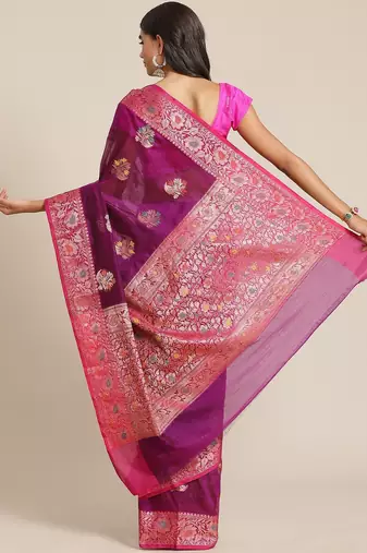 Banarasi silk blend cotton saree in purple colour with meenakari work