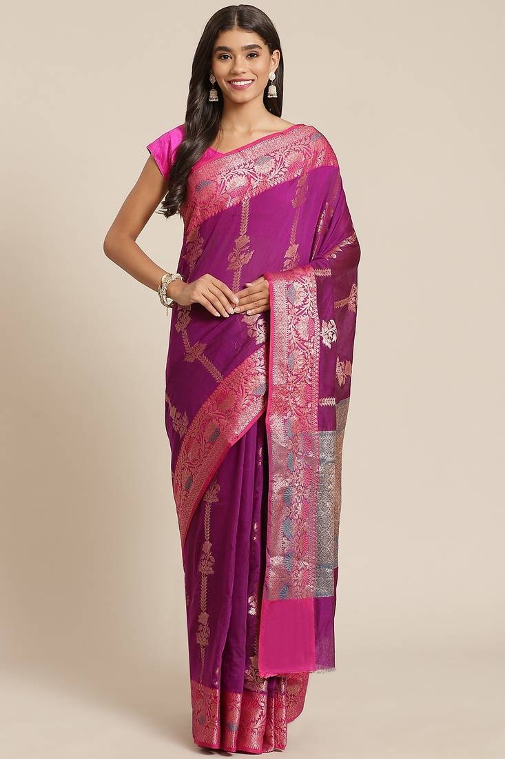 Banarasi silk blend cotton saree in purple  colour with zari work