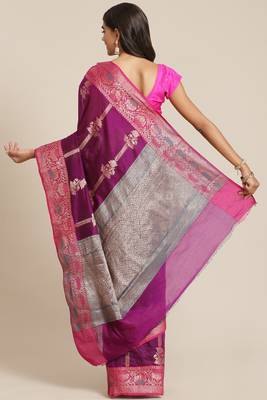 Banarasi silk blend cotton saree in purple  colour with zari work 2