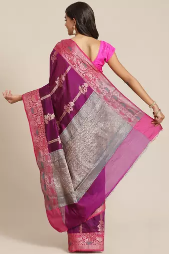 Banarasi silk blend cotton saree in purple  colour with zari work