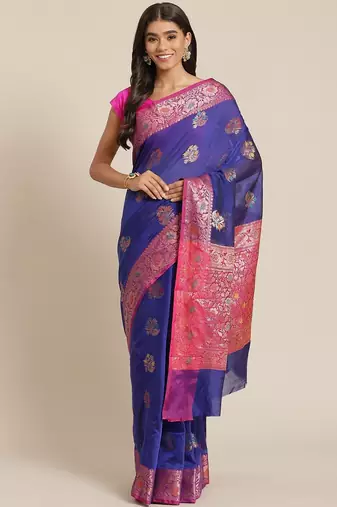 Banarasi silk blend cotton saree in blue colour with meenakari work