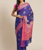 Banarasi silk blend cotton saree in blue colour with meenakari work