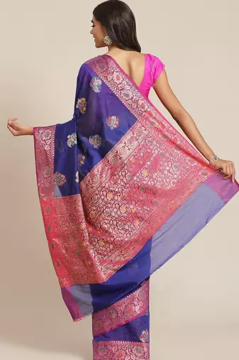Banarasi silk blend cotton saree in blue colour with meenakari work
