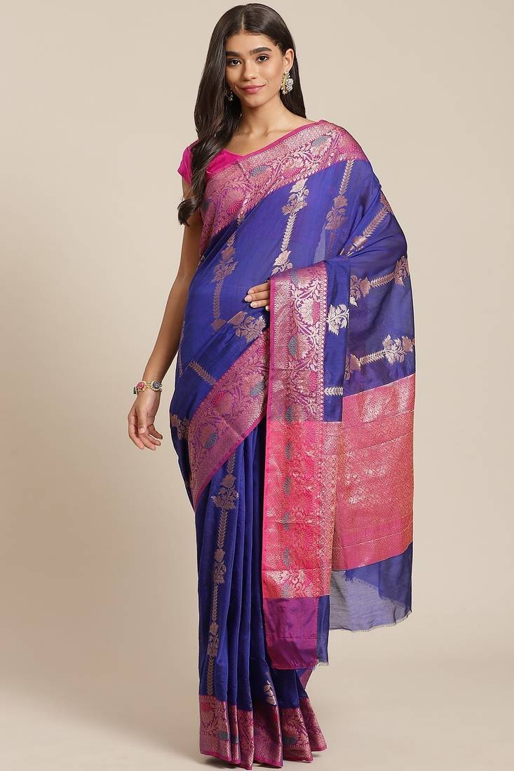 Banarasi silk blend cotton saree in blue  colour with zari work