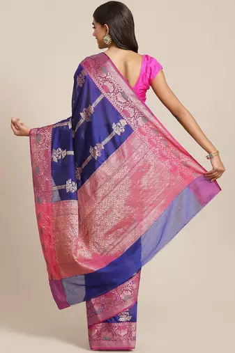 Banarasi silk blend cotton saree in blue  colour with zari work