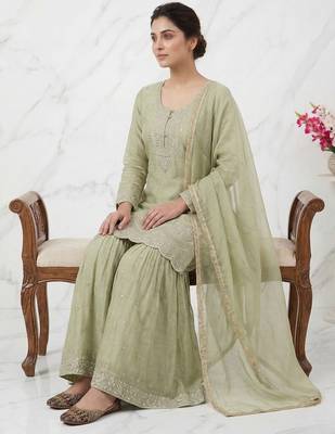 Green embroidered heavy crunchy silk sharara suit 3