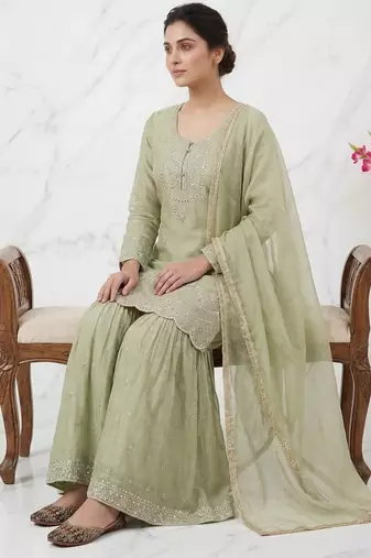 Green embroidered heavy crunchy silk sharara suit