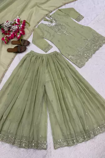 Green embroidered heavy crunchy silk sharara suit
