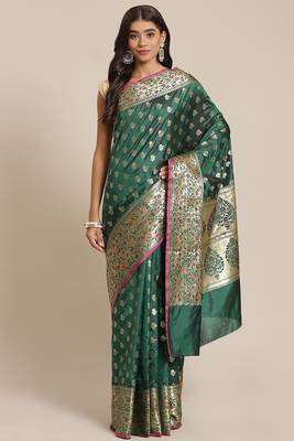 Banarasi silk blend saree in bottle green  colour with floral meenakari  work 1