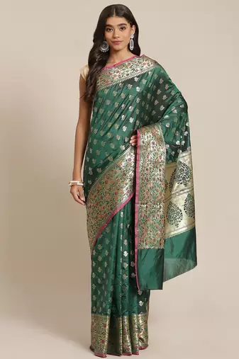 Banarasi silk blend saree in bottle green  colour with floral meenakari  work