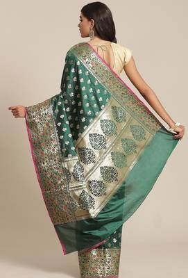 Banarasi silk blend saree in bottle green  colour with floral meenakari  work 2