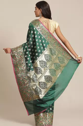 Banarasi silk blend saree in bottle green  colour with floral meenakari  work