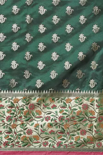 Banarasi silk blend saree in bottle green  colour with floral meenakari  work