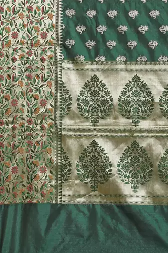 Banarasi silk blend saree in bottle green  colour with floral meenakari  work