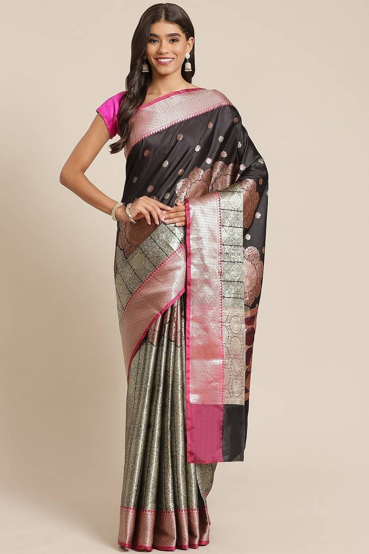 Banarasi silk blend saree in black  colour with silver zari brocade  work