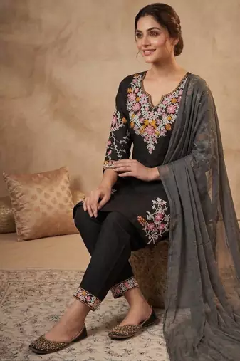 Black heavy roman silk embroidered designer salwar suit