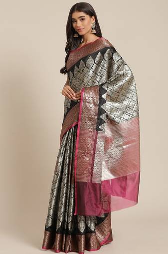 Banarasi silk blend saree in black  colour with silver zari brocade work