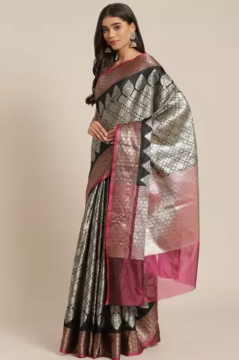 Banarasi silk blend saree in black  colour with silver zari brocade work