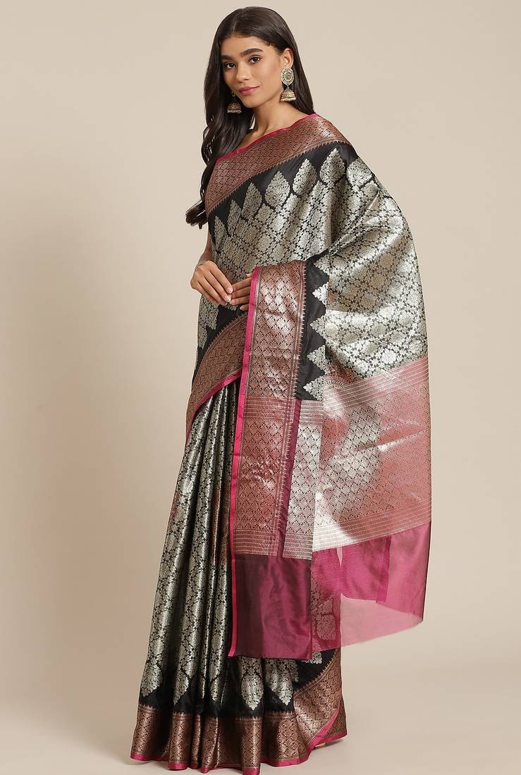 Banarasi silk blend saree in black  colour with silver zari brocade work