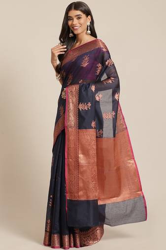 Banarasi silk blend saree in black  colour with copper zari floral  work