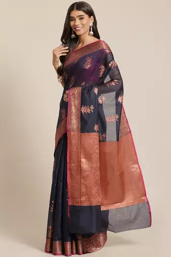 Banarasi silk blend saree in black  colour with copper zari floral  work
