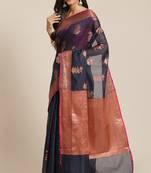 Banarasi silk blend saree in black  colour with copper zari floral  work