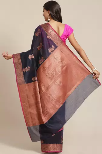 Banarasi silk blend saree in black  colour with copper zari floral  work
