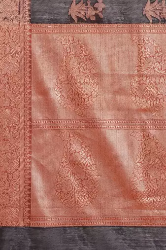 Banarasi silk blend saree in black  colour with copper zari floral  work