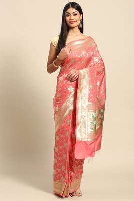 Banarasi silk blend saree in peach colour with floal zari jaal  work 1