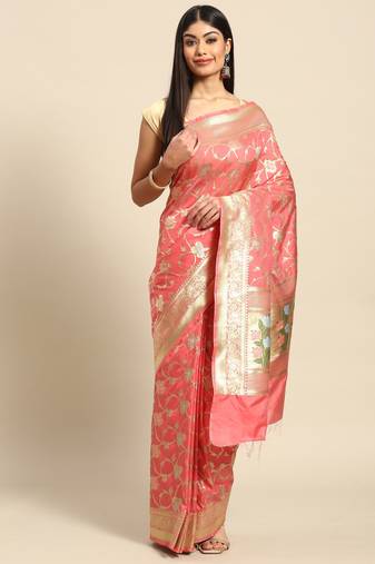 Banarasi silk blend saree in peach colour with floal zari jaal  work