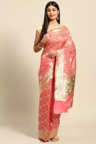 Banarasi silk blend saree in peach colour with floal zari jaal  work