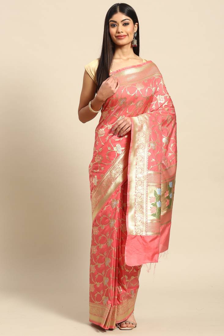 Banarasi silk blend saree in peach colour with floal zari jaal  work