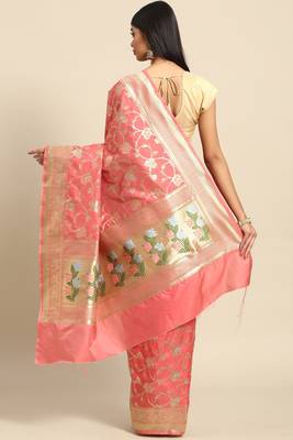 Banarasi silk blend saree in peach colour with floal zari jaal  work 2