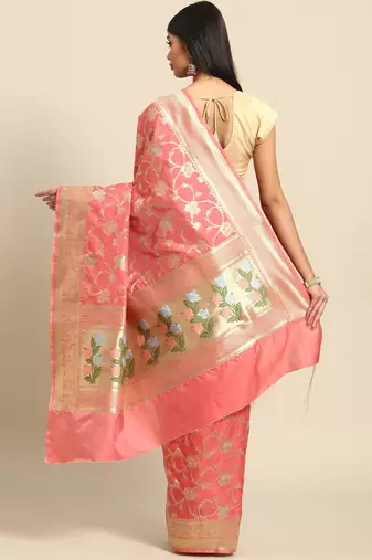 Banarasi silk blend saree in peach colour with floal zari jaal  work
