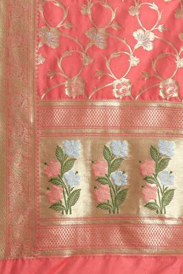 Banarasi silk blend saree in peach colour with floal zari jaal  work 4