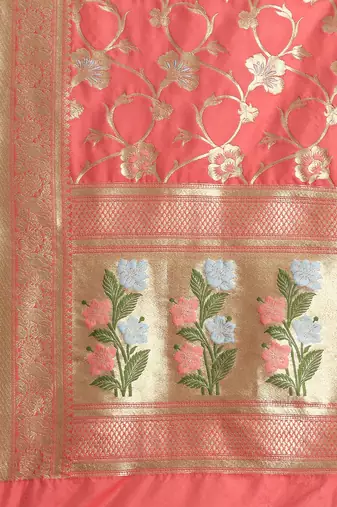 Banarasi silk blend saree in peach colour with floal zari jaal  work