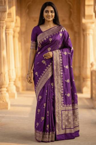 Banarasi viscose silk saree in purple colour with meenakari work
