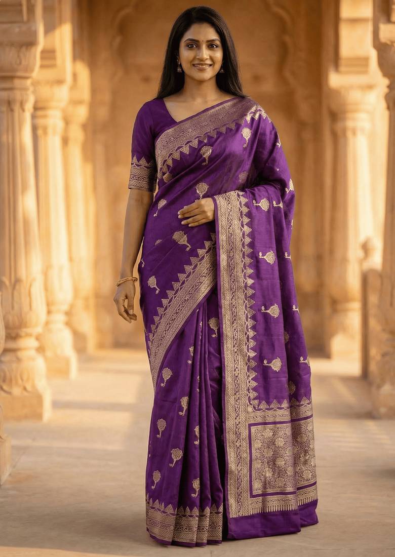 Banarasi viscose silk saree in purple colour with meenakari work