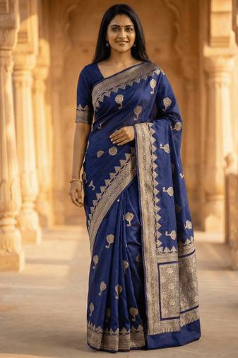 Banarasi viscose silk saree in navy blue colour with meenakari work
