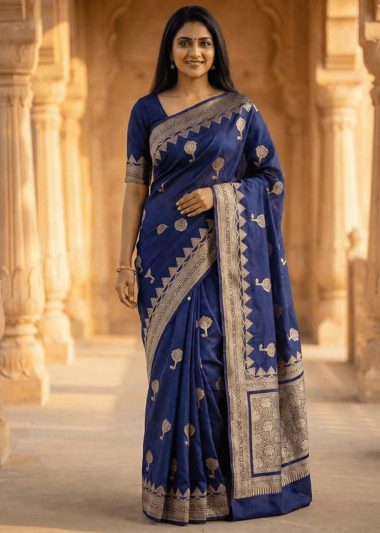 Banarasi viscose silk saree in navy blue colour with meenakari work