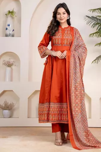 Cotton cambric anarkali kurti-pant-dupatta set