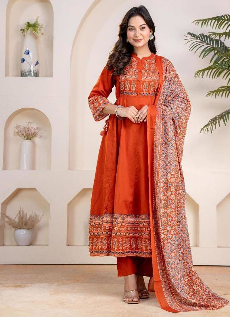 Cotton cambric anarkali kurti-pant-dupatta set