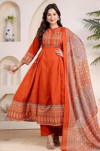 Cotton cambric anarkali kurti-pant-dupatta set