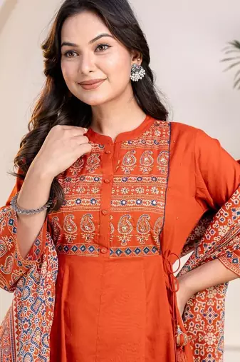 Cotton cambric anarkali kurti-pant-dupatta set