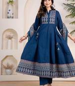 Cotton cambric anarkali kurti-pant-dupatta set