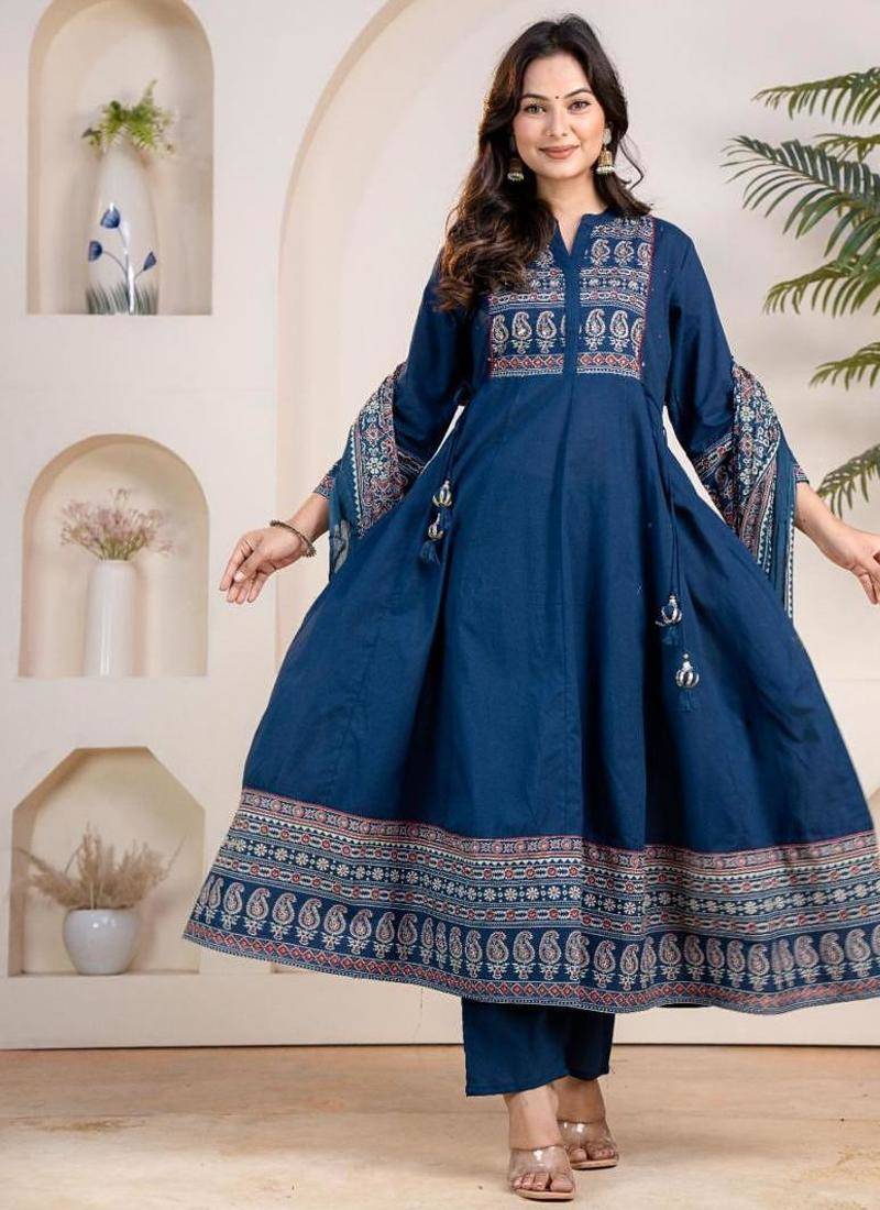 Cotton cambric anarkali kurti-pant-dupatta set